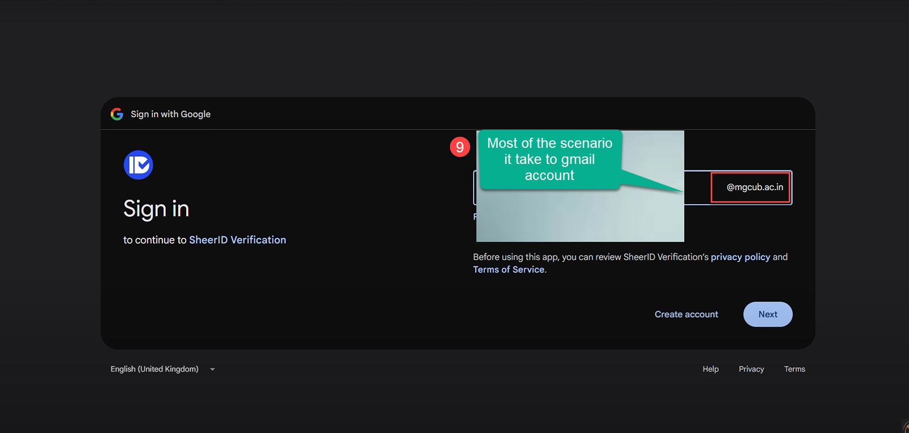 Screenshot of Gmail login for verification