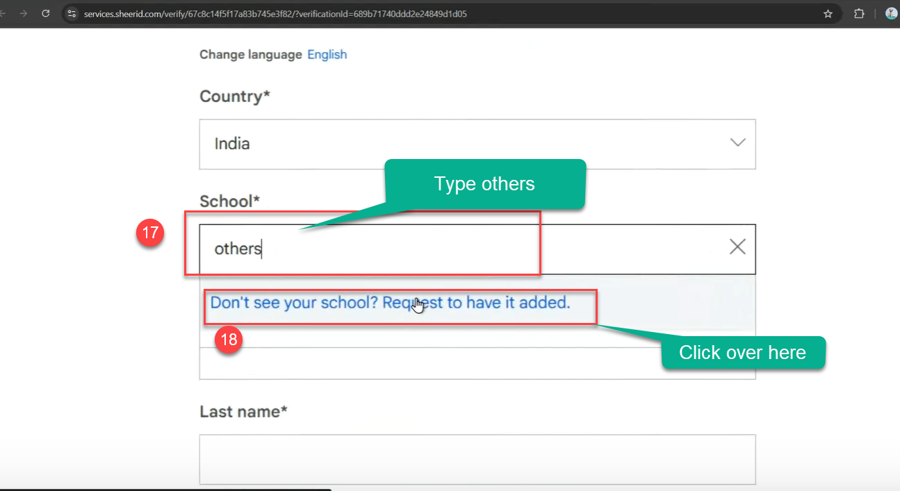 Screenshot of error when school not found in list